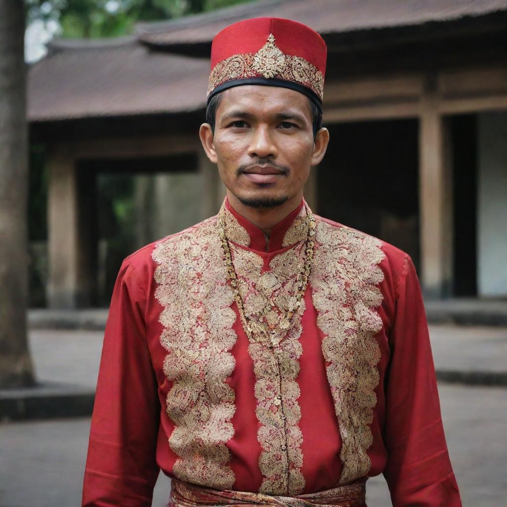 A dignified portrait of Teuku Umar, an Indonesian national hero, in traditional attire and a historical setting.