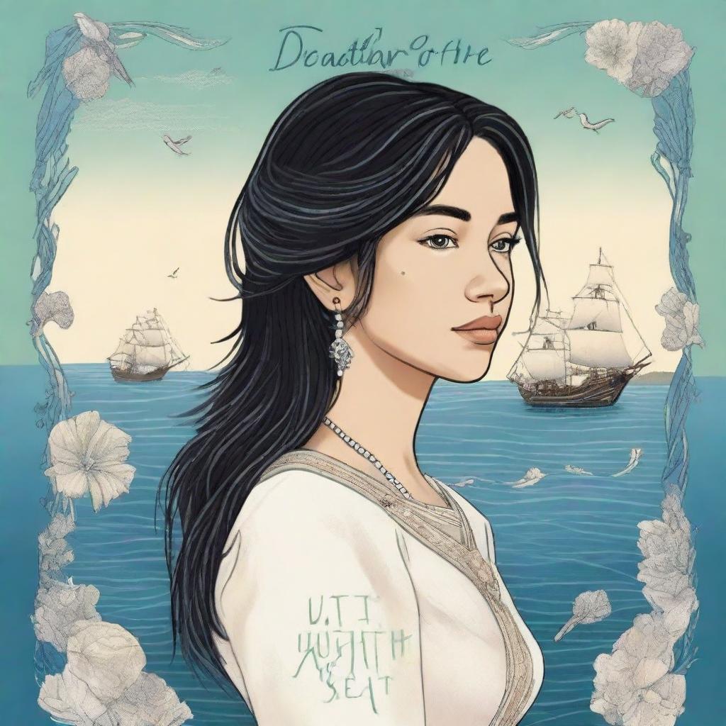 Create a more evolved book cover featuring a side profile of Pearl Sparrow, an 18-year-old who ran away from home and is now the captain of her own ship with long black hair