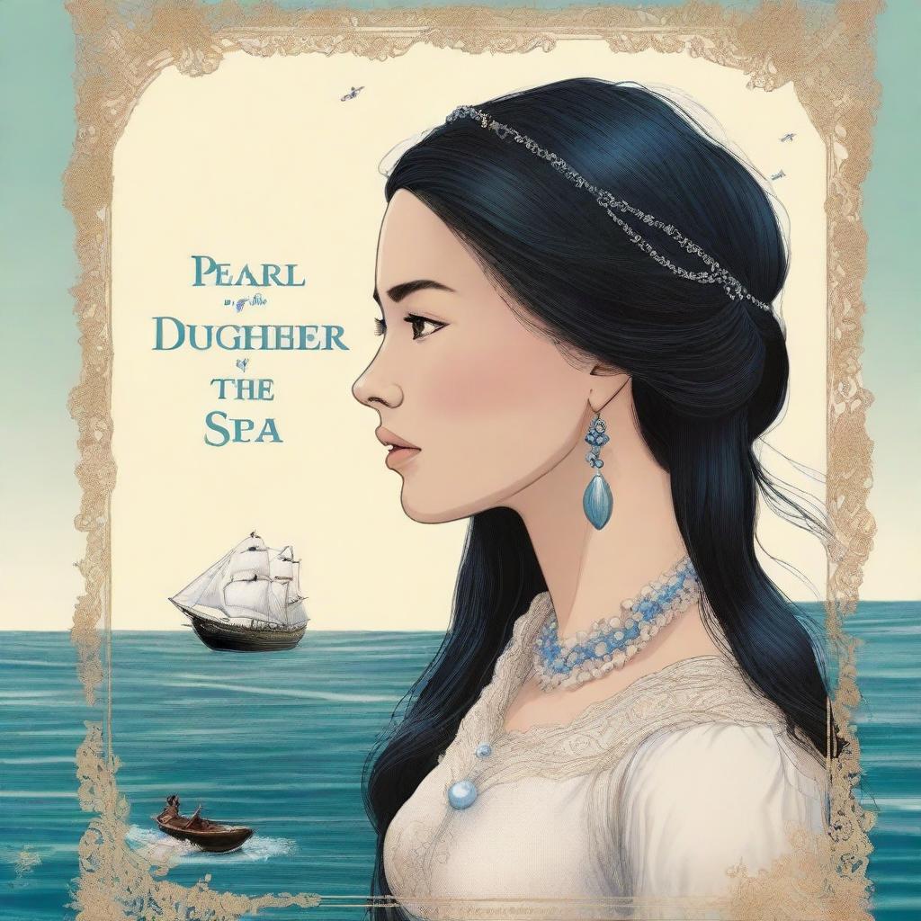 Create a more evolved book cover featuring a side profile of Pearl Sparrow, an 18-year-old who ran away from home and is now the captain of her own ship with long black hair