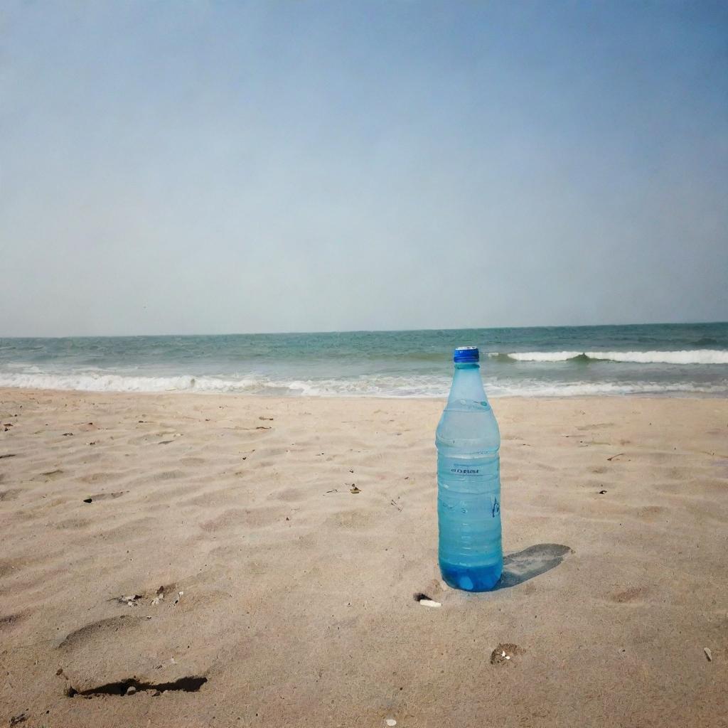 A mineral water bottle stands tall on the Chennai sea shore, replacing a boat; a location pin marks its spot.