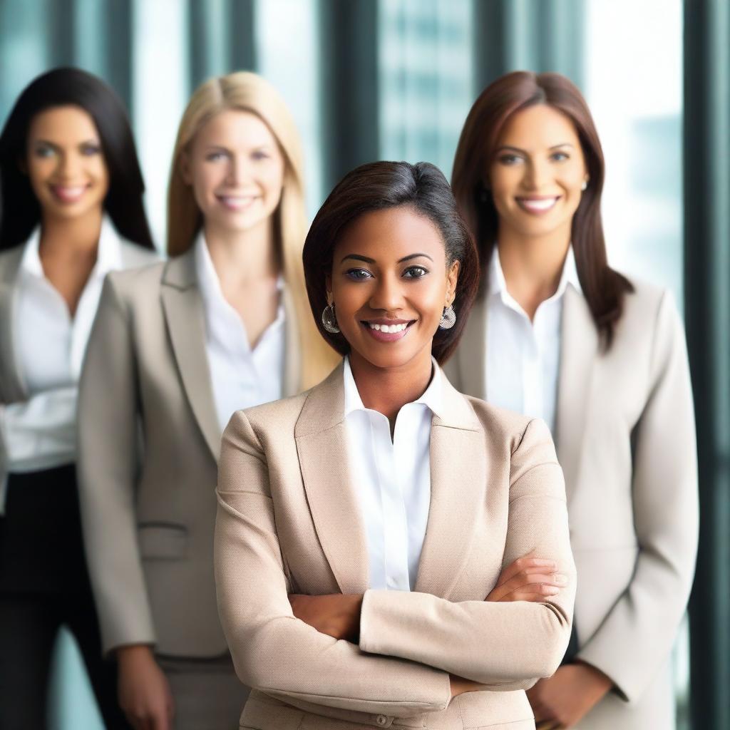 A professional office environment with women dressed in smart business attire, exuding confidence and power.