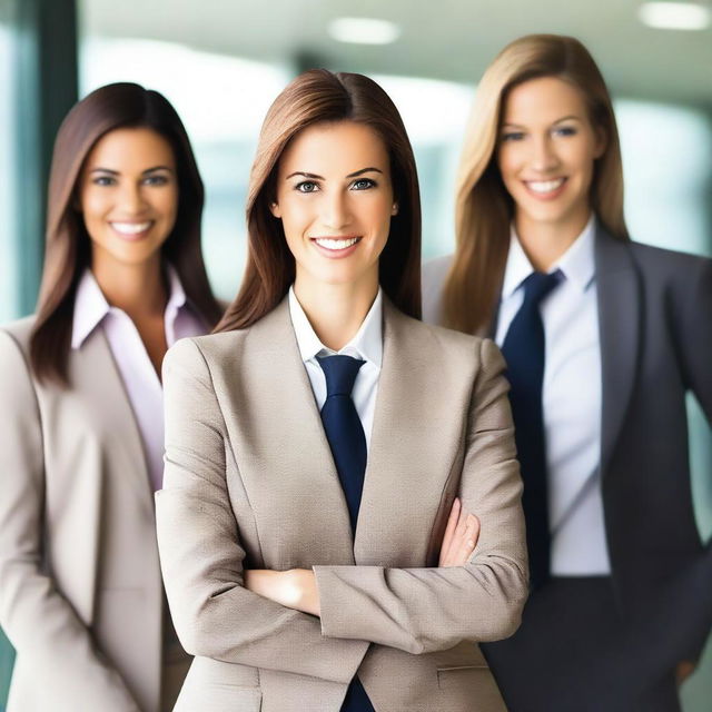 A professional office environment with women dressed in smart business attire, exuding confidence and power.