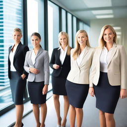 A professional office environment with women dressed in smart business attire, exuding confidence and power.