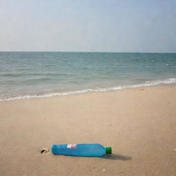 A mineral water bottle stands tall on the Chennai sea shore, replacing a boat; a location pin marks its spot.