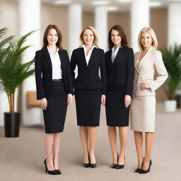 A professional office environment with women dressed in stylish and sophisticated business attire, radiating elegance and charm