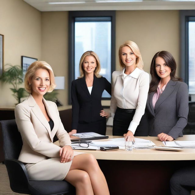 A professional office environment with women dressed in stylish and sophisticated business attire, radiating elegance and charm