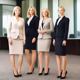 A professional office environment with women dressed in stylish and sophisticated business attire, radiating elegance and charm