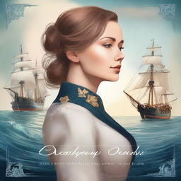 Create a book cover featuring Pearl Sparrow, the captainress of her ship