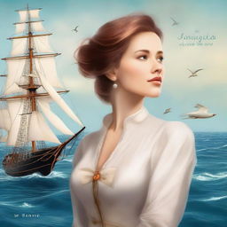 Create a book cover featuring Pearl Sparrow, the captainress of her ship