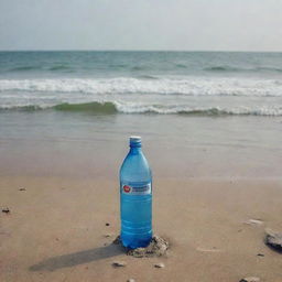 A mineral water bottle stands tall on the Chennai sea shore, replacing a boat; a location pin marks its spot.