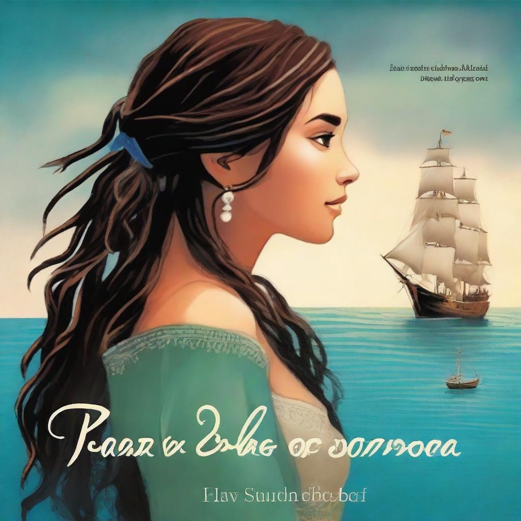 Create a book cover featuring a side profile of Pearl Sparrow, an 18-year-old pirate with long black hair