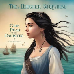 Create a book cover featuring a side profile of Pearl Sparrow, an 18-year-old pirate with long black hair