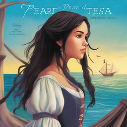 Create a book cover featuring a side profile of Pearl Sparrow, an 18-year-old pirate with long black hair