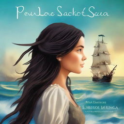 Create a book cover featuring a side profile of Pearl Sparrow, an 18-year-old pirate with long black hair