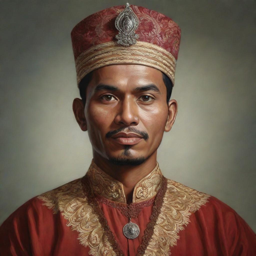 A realistic portrait of Teuku Umar, an Indonesian national hero, in traditional attire based on historical descriptions and interpretations.