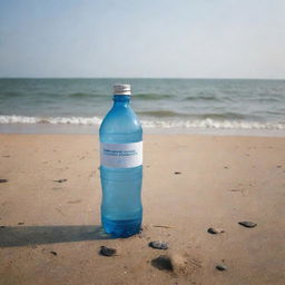 A mineral water bottle stands tall on the Chennai sea shore, replacing a boat; a location pin marks its spot.