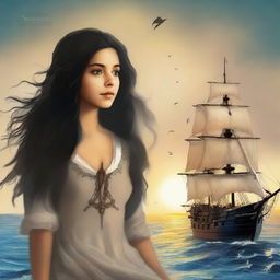 Create a book cover where we see the back of Pearl Sparrow, the 18-year-old daughter of Jack Sparrow who ran away from home and is now the captain of her own ship with long black hair