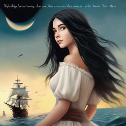 Create a book cover where we see the back of Pearl Sparrow, the 18-year-old daughter of Jack Sparrow who ran away from home and is now the captain of her own ship with long black hair