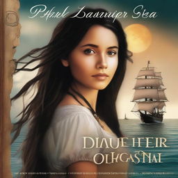 Create a book cover where we see the back of Pearl Sparrow, the 18-year-old daughter of Jack Sparrow who ran away from home and is now the captain of her own ship with long black hair