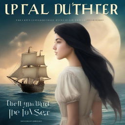 Create a book cover where we see the back of Pearl Sparrow, the 18-year-old daughter of Jack Sparrow who ran away from home and is now the captain of her own ship with long black hair