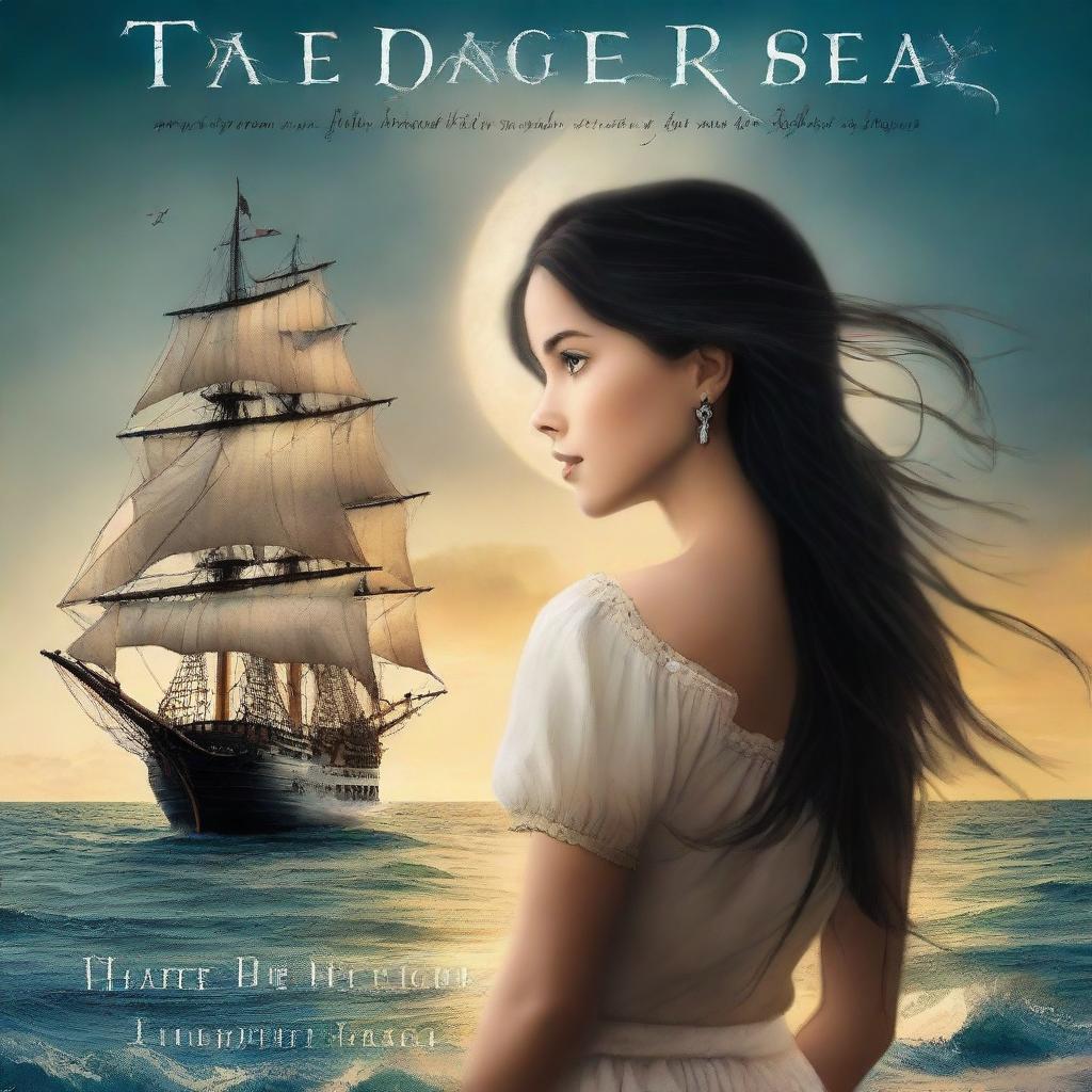 Create a book cover featuring Pearl Sparrow, the 18-year-old daughter of Jack Sparrow who ran away from home and is now the captain of her own ship with long black hair