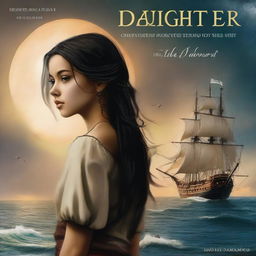 Create a book cover featuring Pearl Sparrow, the 18-year-old daughter of Jack Sparrow who ran away from home and is now the captain of her own ship with long black hair