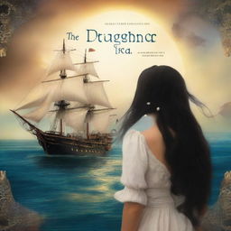 Create a book cover featuring Pearl Sparrow, the 18-year-old daughter of Jack Sparrow who ran away from home and is now the captain of her own ship with long black hair