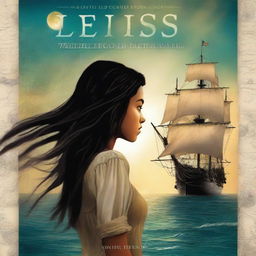 Create a book cover featuring Pearl Sparrow, the 18-year-old daughter of Jack Sparrow who ran away from home and is now the captain of her own ship with long black hair