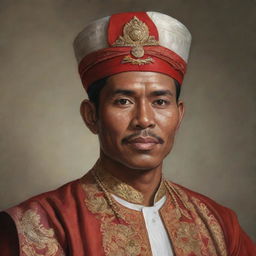 A realistic portrait of Teuku Umar, an Indonesian national hero, in traditional attire based on historical descriptions and interpretations.