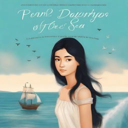 Create an image of a book cover featuring Pearl Sparrow, an 18-year-old who ran away from home and is now the captain of her own ship with long black hair