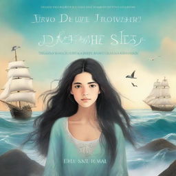 Create an image of a book cover featuring Pearl Sparrow, an 18-year-old who ran away from home and is now the captain of her own ship with long black hair