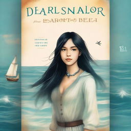 Create an image of a book cover featuring Pearl Sparrow, an 18-year-old who ran away from home and is now the captain of her own ship with long black hair