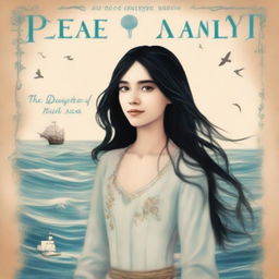 Create an image of a book cover featuring Pearl Sparrow, an 18-year-old who ran away from home and is now the captain of her own ship with long black hair