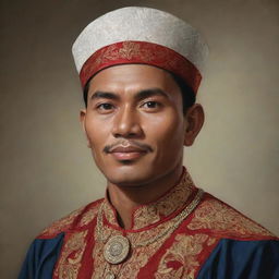 A realistic portrait of Teuku Umar, an Indonesian national hero, in traditional attire based on historical descriptions and interpretations.