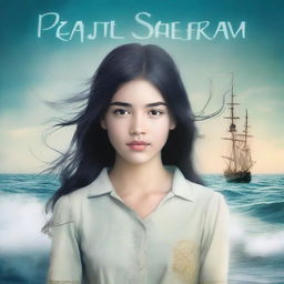 Create an image of a book cover featuring Pearl Sparrow, an 18-year-old who ran away from home and is now the captain of her own ship with long black hair