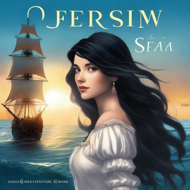 Create an image of a book cover where we see Pearl Sparrow, an 18-year-old pirate captain with long black hair styled in a 90's blowout, from the back