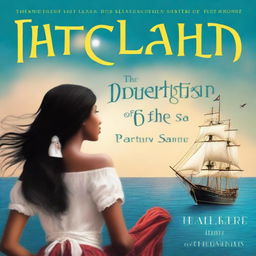 Create an image of a book cover where we see Pearl Sparrow, an 18-year-old pirate captain with long black hair styled in a 90's blowout, from the back