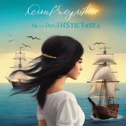 Create an image of a book cover where we see Pearl Sparrow, an 18-year-old pirate captain with long black hair styled in a 90's blowout, from the back