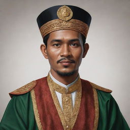 A realistic portrait of Teuku Umar, an Indonesian national hero, in traditional attire based on historical descriptions and interpretations.