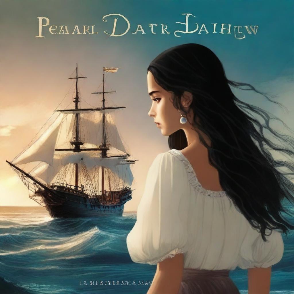 Create a book cover featuring Pearl Sparrow, the 18-year-old daughter of Jack Sparrow who ran away from home and is now the captain of her own ship with long black hair