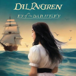 Create a book cover featuring Pearl Sparrow, the 18-year-old daughter of Jack Sparrow who ran away from home and is now the captain of her own ship with long black hair