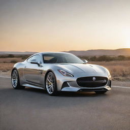 Luxury sports car in chrome silver,               parked on an open road at sunset