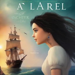 Create a book cover featuring Pearl Sparrow, the 18-year-old daughter of Jack Sparrow who ran away from home and is now the captain of her own ship with long black hair