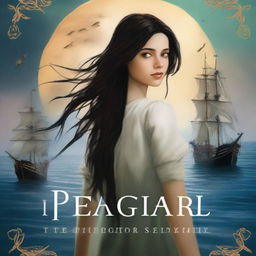 Create a book cover featuring Pearl Sparrow, the 18-year-old daughter of Jack Sparrow who ran away from home and is now the captain of her own ship with long black hair