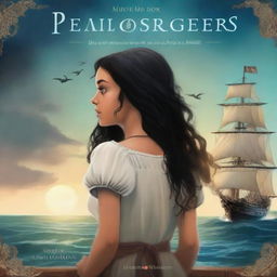 Create a book cover featuring Pearl Sparrow, the 18-year-old daughter of Jack Sparrow who ran away from home and is now the captain of her own ship with long black hair