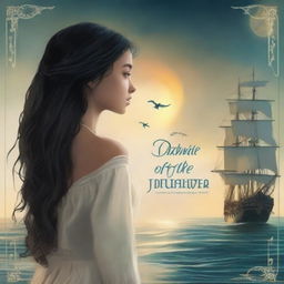 Create a book cover featuring Pearl Sparrow, the 18-year-old daughter of Jack Sparrow who ran away from home and is now the captain of her own ship with long black hair