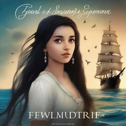 Create a book cover featuring Pearl Sparrow, the 18-year-old daughter of Jack Sparrow who ran away from home and is now the captain of her own ship with long black hair