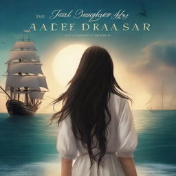 Create a book cover featuring Pearl Sparrow, the 18-year-old daughter of Jack Sparrow who ran away from home and is now the captain of her own ship with long black hair