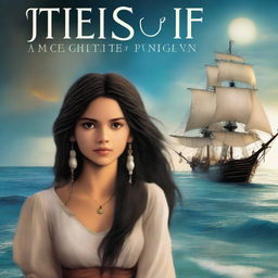 Create a book cover featuring Pearl Sparrow, the 18-year-old daughter of Jack Sparrow with long black hair, seen from the back so her face is not visible