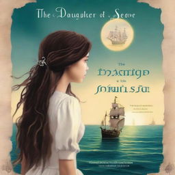 Create a book cover featuring Pearl Sparrow, the 18-year-old daughter of Jack Sparrow with long black hair, seen from the back so her face is not visible